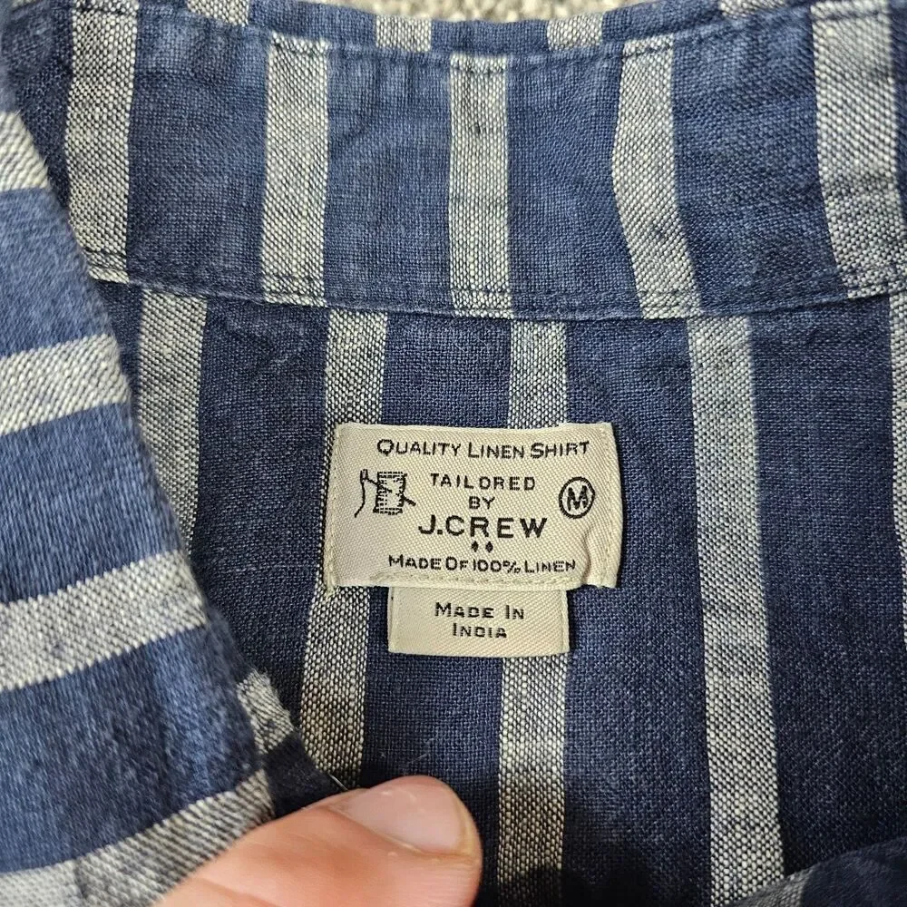 J Crew Shirt Mens Medium Blue Gray Striped Linen Button Pocket Casual Beach